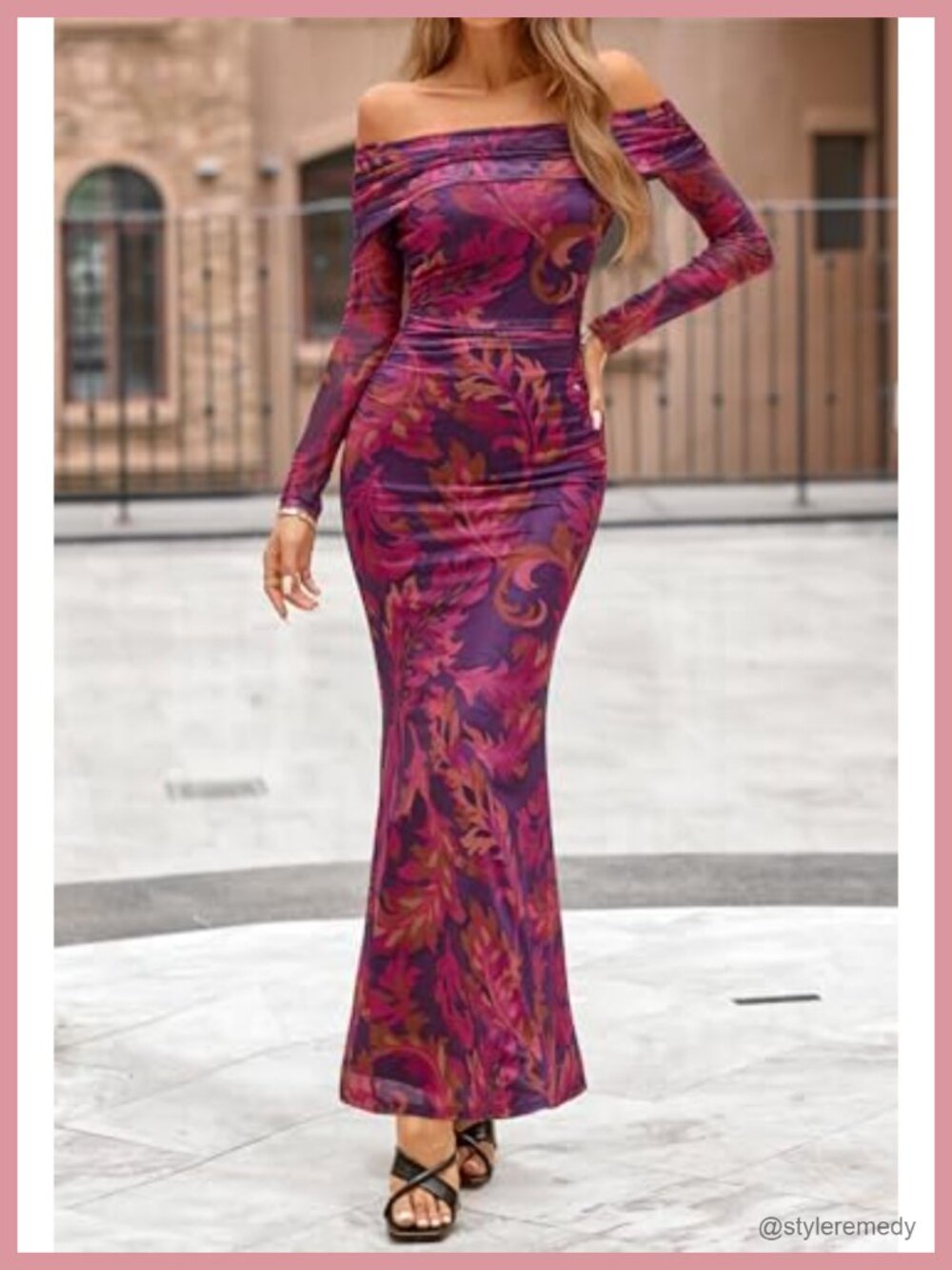 Off Shoulder Floral Bodycon Maxi Dress Long Sleeve Formal Party - Picture 2 of 6